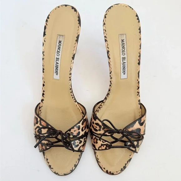 Manolo Blahnik Leopard Leather Lace-Up Mule Kitten Heel Sandals EU 40 Y2K - Picture 2 of 9